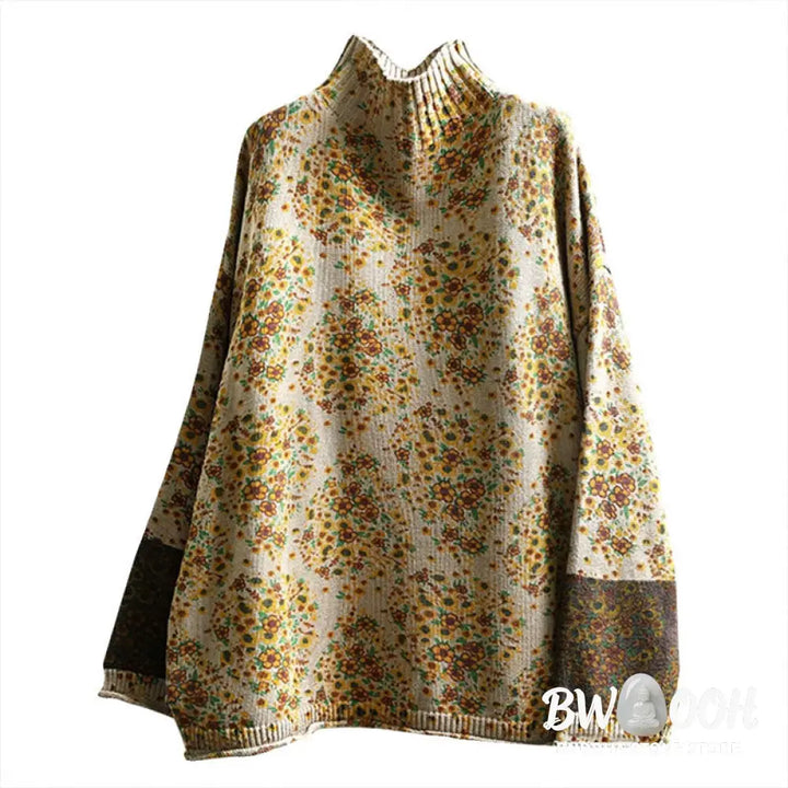 Buddha Stones Women’s Knitted Floral Cotton Ribbed Hem Long Sleeve Mock Neck Sweater - Women’s Sweater