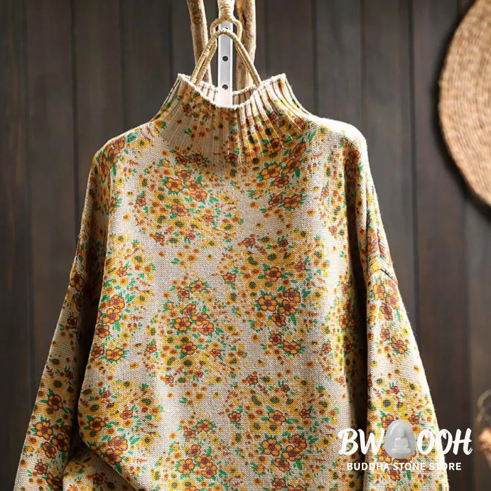 Buddha Stones Women’s Knitted Floral Cotton Ribbed Hem Long Sleeve Mock Neck Sweater - Women’s Sweater