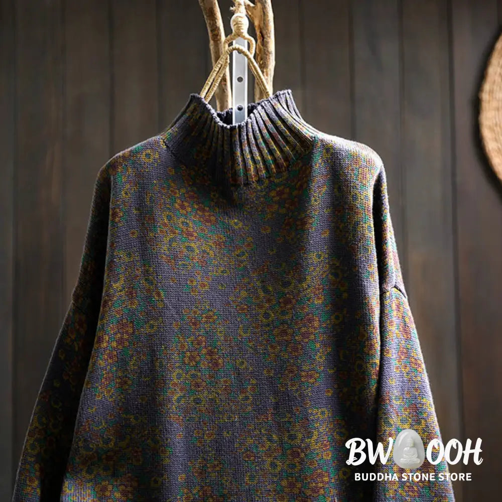 Buddha Stones Women’s Knitted Floral Cotton Ribbed Hem Long Sleeve Mock Neck Sweater - Women’s Sweater