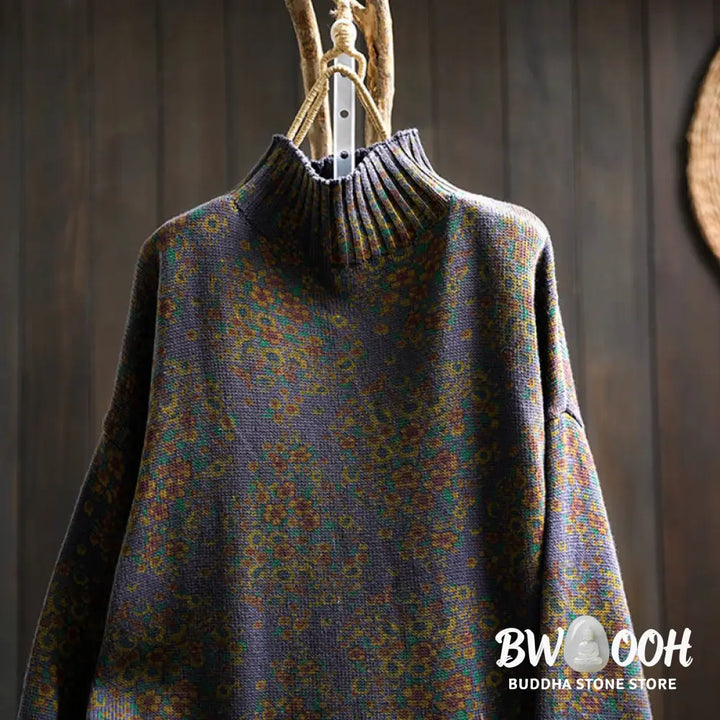 Buddha Stones Women’s Knitted Floral Cotton Ribbed Hem Long Sleeve Mock Neck Sweater - Women’s Sweater