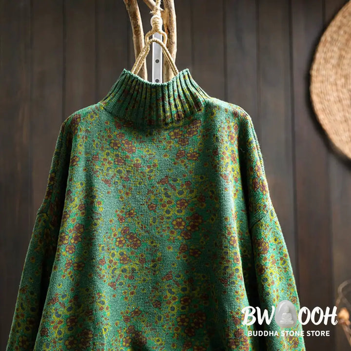 Buddha Stones Women’s Knitted Floral Cotton Ribbed Hem Long Sleeve Mock Neck Sweater - Women’s Sweater