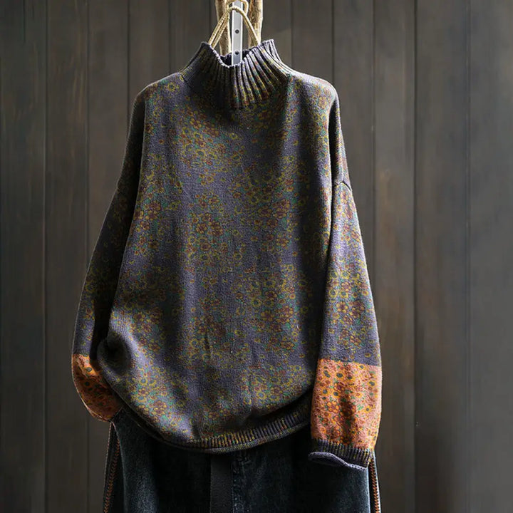 Buddha Stones Women’s Knitted Floral Cotton Ribbed Hem Long Sleeve Mock Neck Sweater - Indigo / US4-6，UK/AU8-10，EU36-38