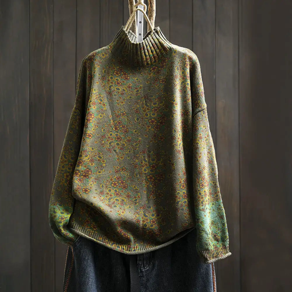 Buddha Stones Women’s Knitted Floral Cotton Ribbed Hem Long Sleeve Mock Neck Sweater - Olive / US4-6，UK/AU8-10，EU36-38