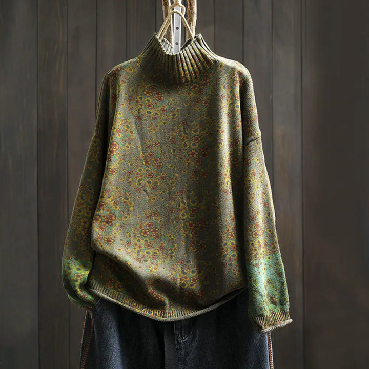 Buddha Stones Women’s Knitted Floral Cotton Ribbed Hem Long Sleeve Mock Neck Sweater - Olive / US4-6，UK/AU8-10，EU36-38