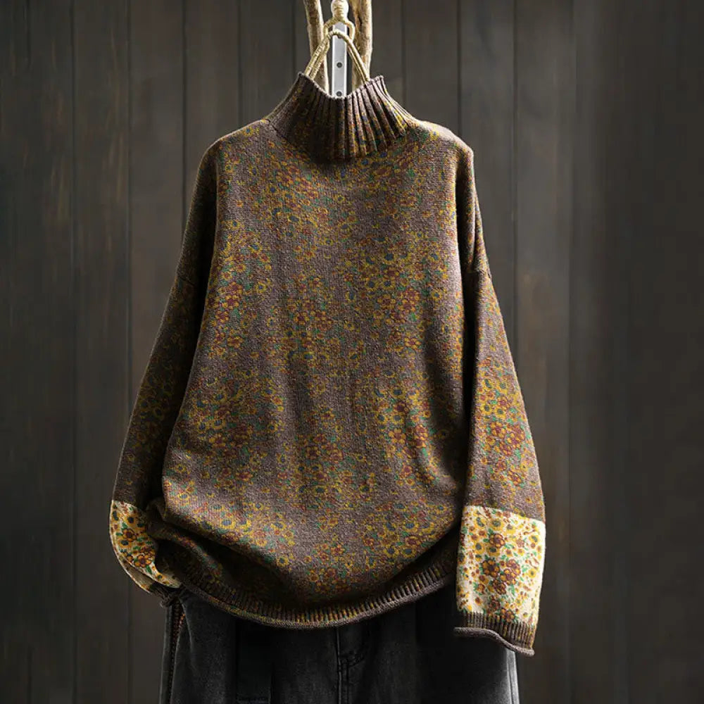 Buddha Stones Women’s Knitted Floral Cotton Ribbed Hem Long Sleeve Mock Neck Sweater - SaddleBrown
