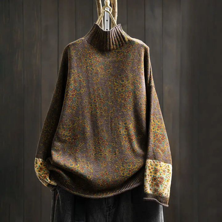 Buddha Stones Women’s Knitted Floral Cotton Ribbed Hem Long Sleeve Mock Neck Sweater - SaddleBrown