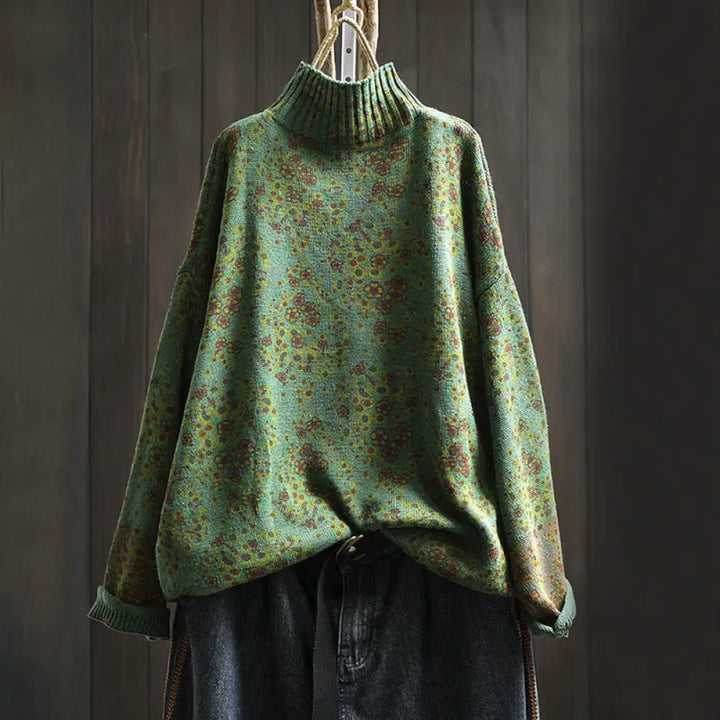 Buddha Stones Women’s Knitted Floral Cotton Ribbed Hem Long Sleeve Mock Neck Sweater - SeaGreen