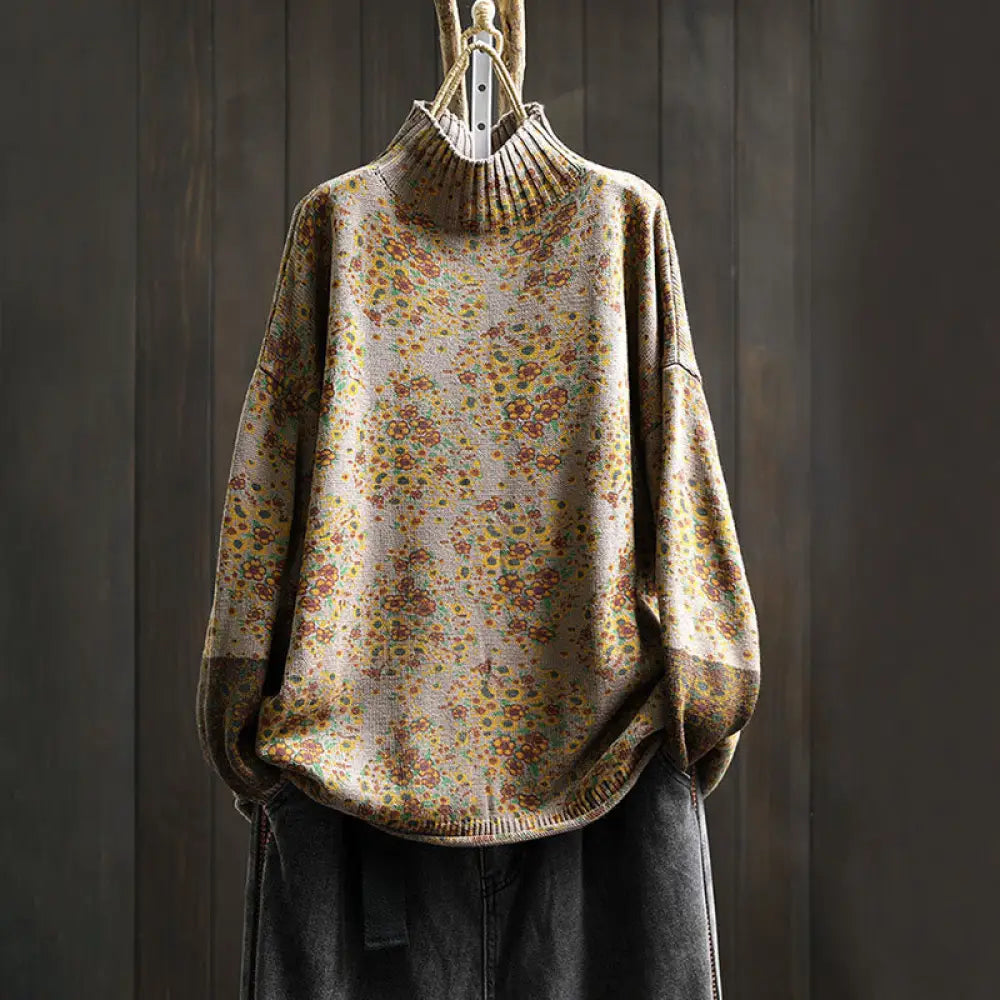 Buddha Stones Women’s Knitted Floral Cotton Ribbed Hem Long Sleeve Mock Neck Sweater - Tan / US4-6，UK/AU8-10，EU36-38