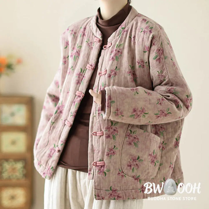 Buddha Stones Women’s Long Sleeve Thermal Cotton Printed Florwer Pattern Jacket With Pockets - Women’s Jacket