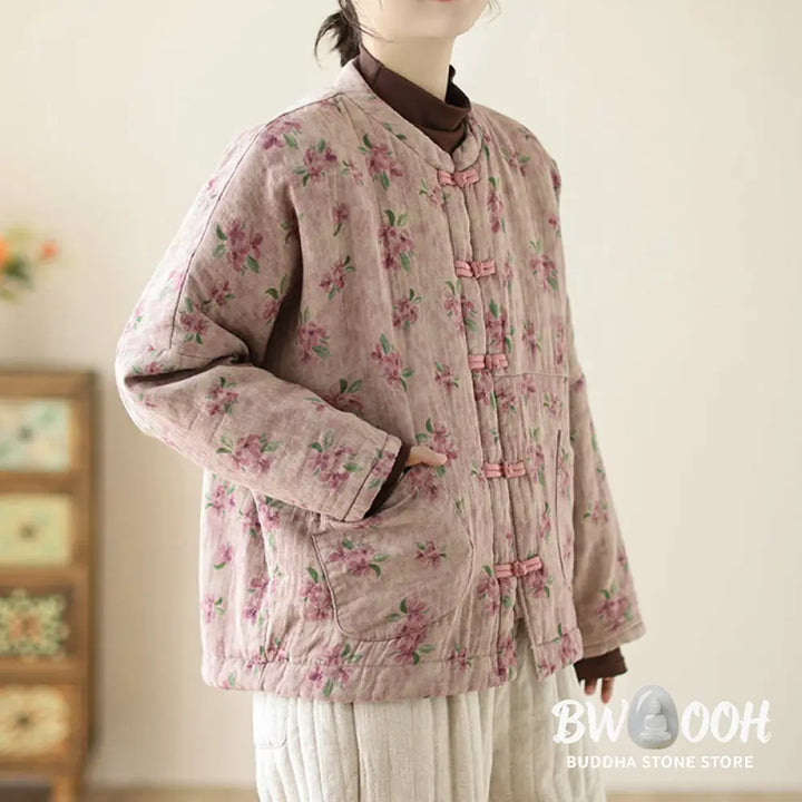 Buddha Stones Women’s Long Sleeve Thermal Cotton Printed Florwer Pattern Jacket With Pockets - Women’s Jacket