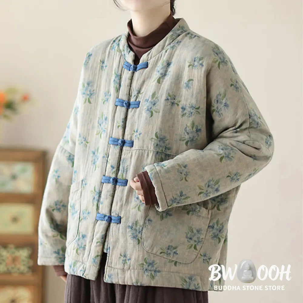 Buddha Stones Women’s Long Sleeve Thermal Cotton Printed Florwer Pattern Jacket With Pockets - Women’s Jacket