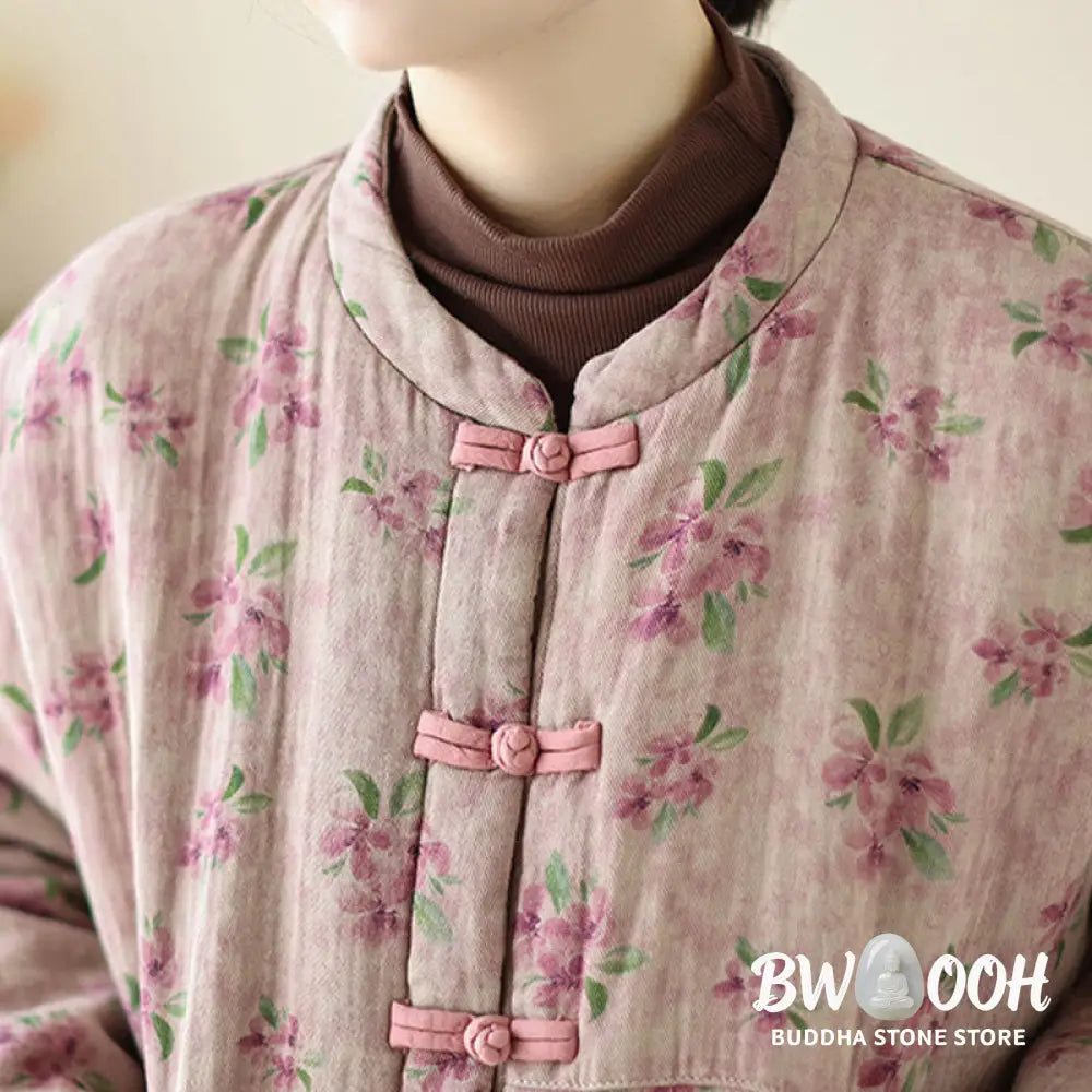 Buddha Stones Women’s Long Sleeve Thermal Cotton Printed Florwer Pattern Jacket With Pockets - Women’s Jacket