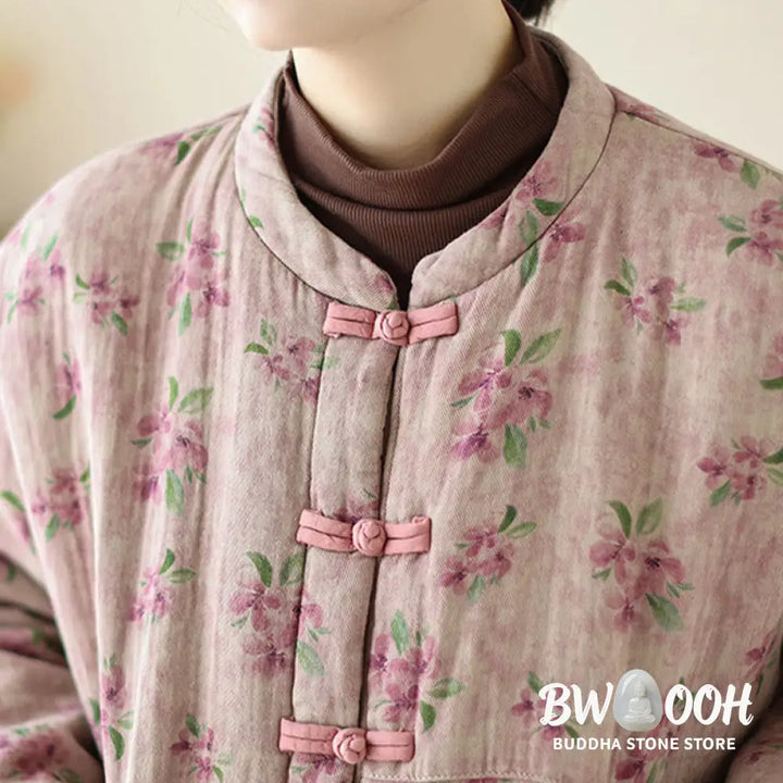 Buddha Stones Women’s Long Sleeve Thermal Cotton Printed Florwer Pattern Jacket With Pockets - Women’s Jacket