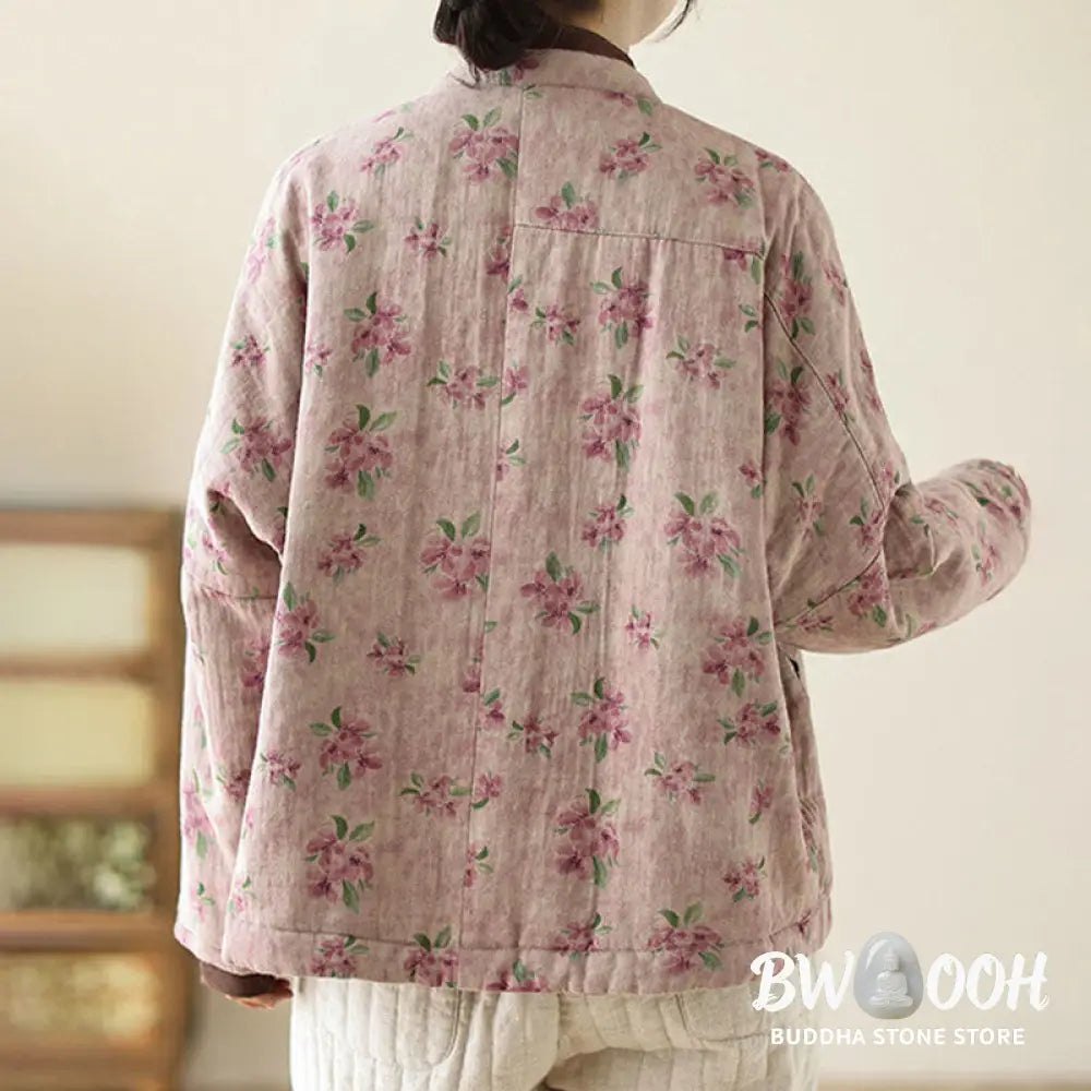 Buddha Stones Women’s Long Sleeve Thermal Cotton Printed Florwer Pattern Jacket With Pockets - Women’s Jacket