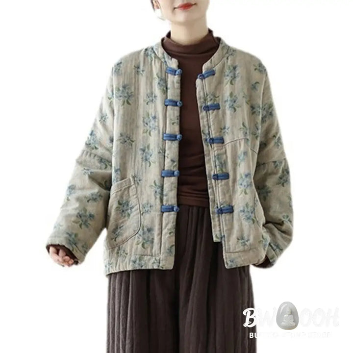 Buddha Stones Women’s Long Sleeve Thermal Cotton Printed Florwer Pattern Jacket With Pockets - Women’s Jacket