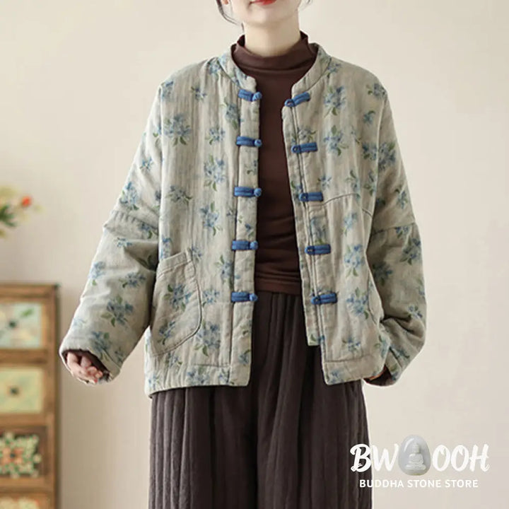 Buddha Stones Women’s Long Sleeve Thermal Cotton Printed Florwer Pattern Jacket With Pockets - Women’s Jacket