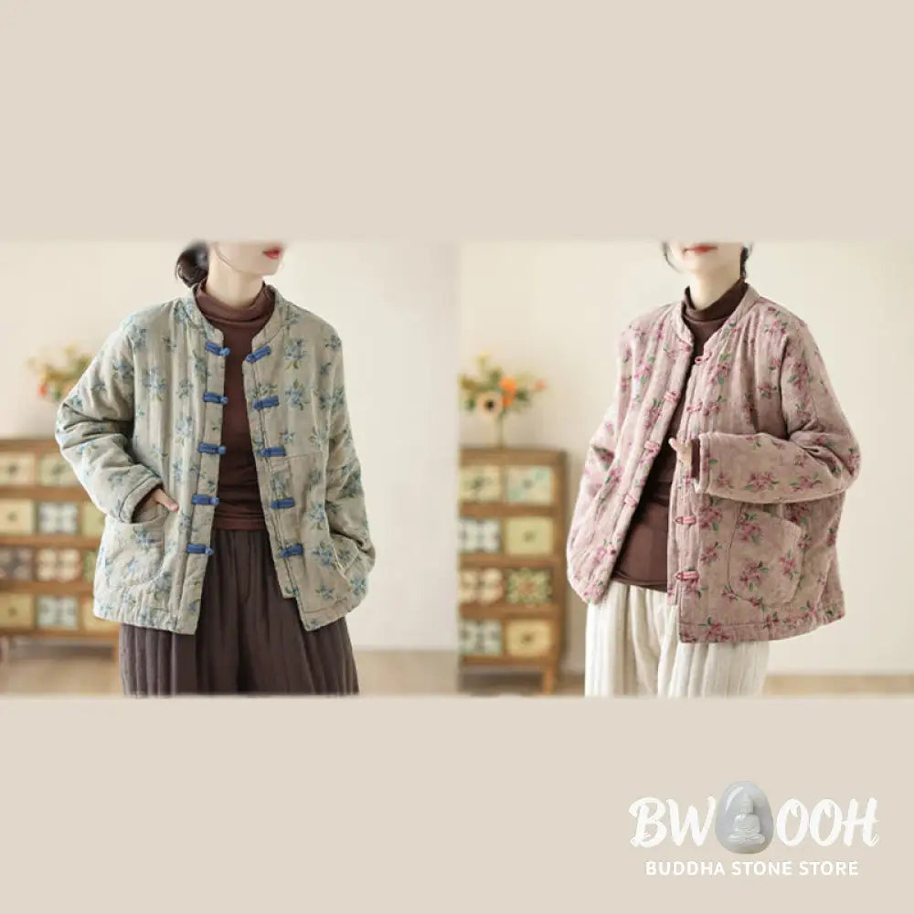 Buddha Stones Women’s Long Sleeve Thermal Cotton Printed Florwer Pattern Jacket With Pockets - Women’s Jacket