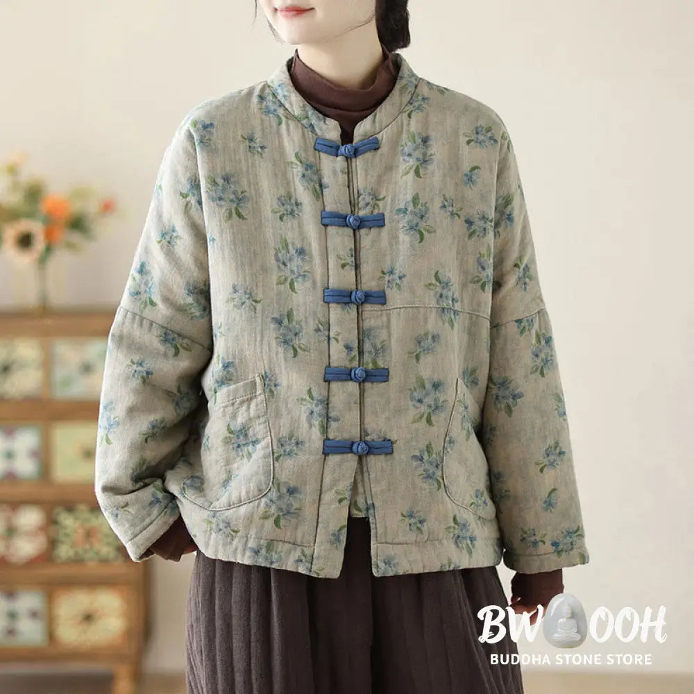 Buddha Stones Women’s Long Sleeve Thermal Cotton Printed Florwer Pattern Jacket With Pockets - Women’s Jacket