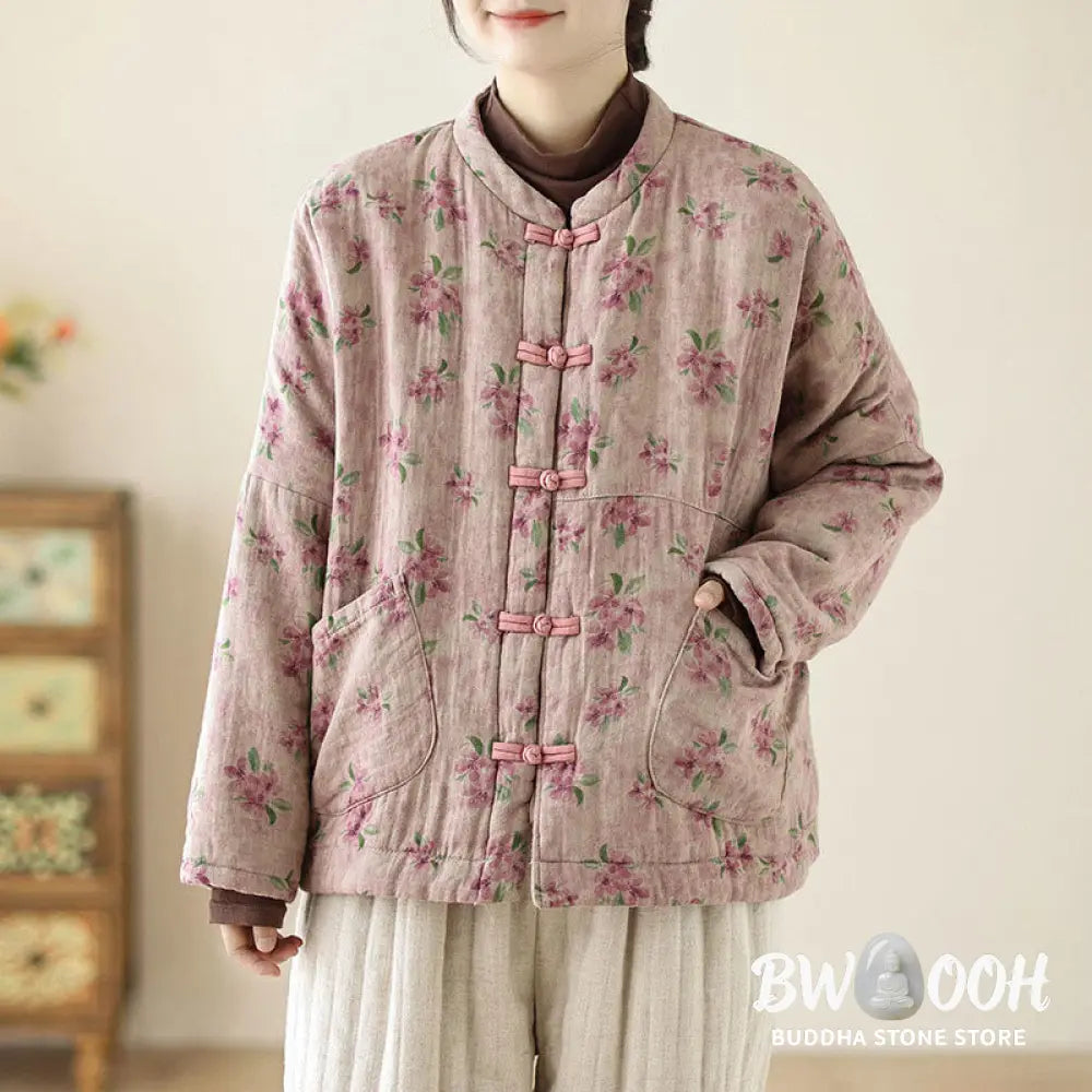 Buddha Stones Women’s Long Sleeve Thermal Cotton Printed Florwer Pattern Jacket With Pockets - Women’s Jacket