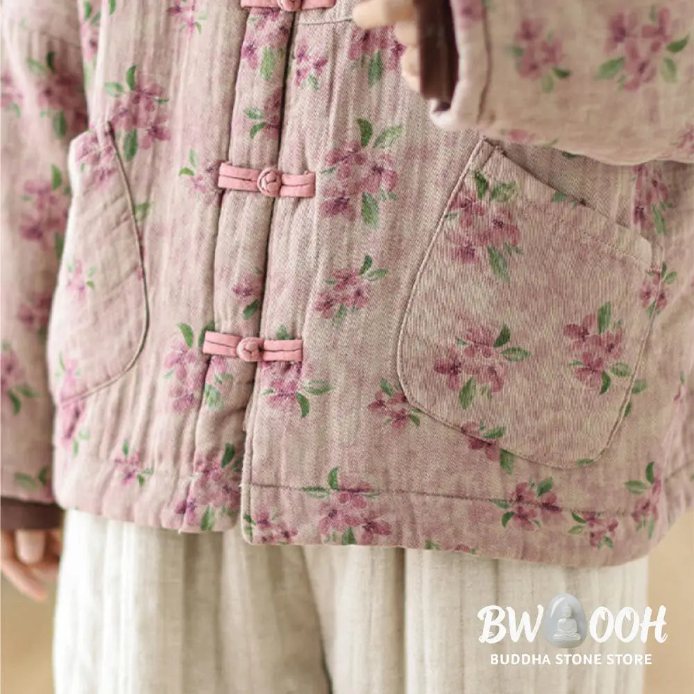 Buddha Stones Women’s Long Sleeve Thermal Cotton Printed Florwer Pattern Jacket With Pockets - Women’s Jacket