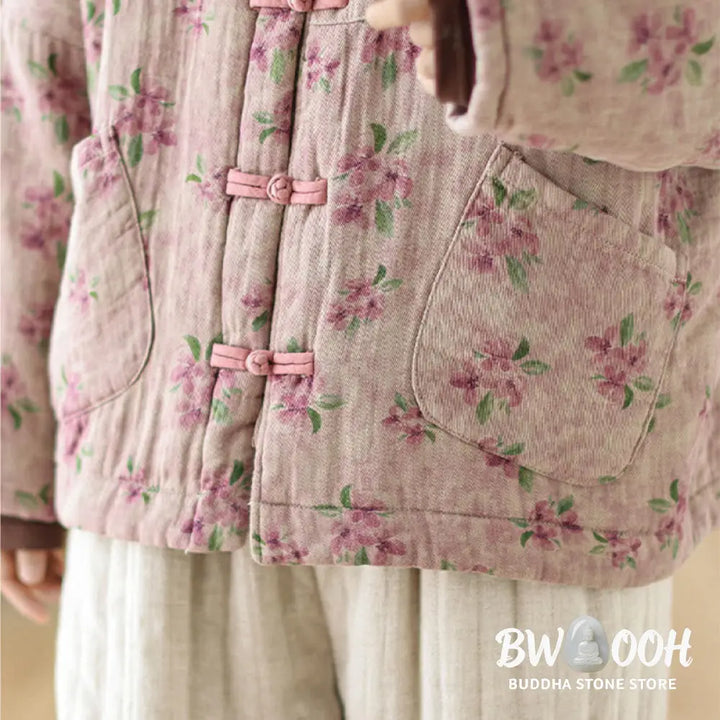 Buddha Stones Women’s Long Sleeve Thermal Cotton Printed Florwer Pattern Jacket With Pockets - Women’s Jacket