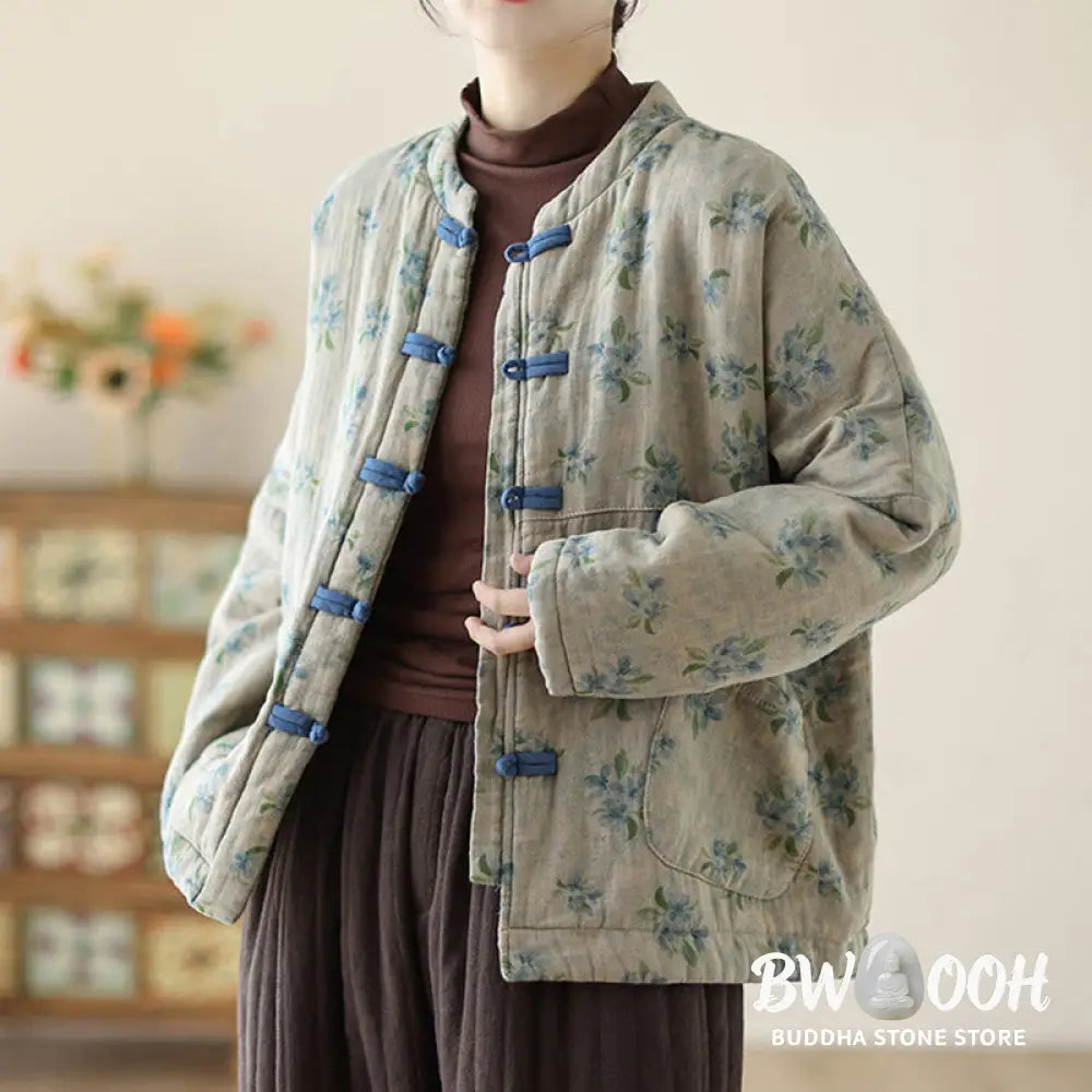 Buddha Stones Women’s Long Sleeve Thermal Cotton Printed Florwer Pattern Jacket With Pockets - Women’s Jacket