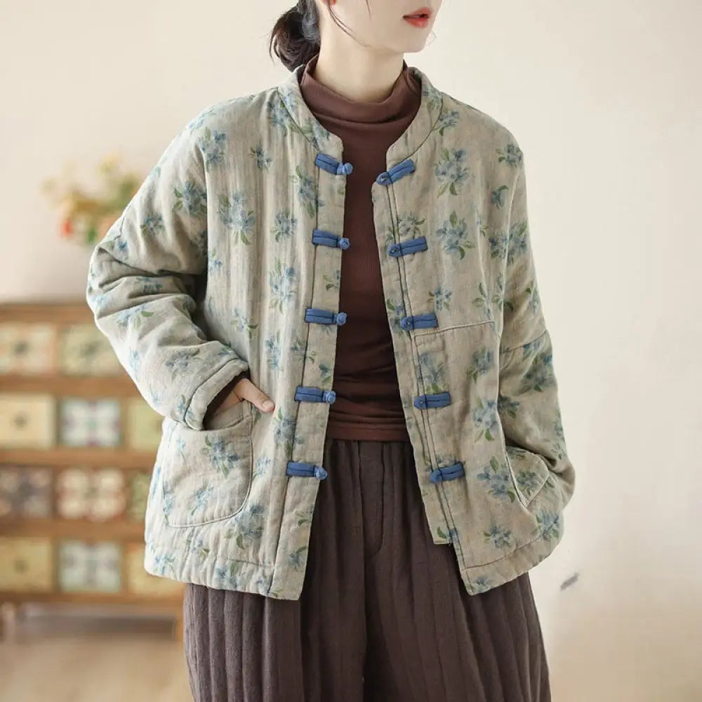 Buddha Stones Women’s Long Sleeve Thermal Cotton Printed Florwer Pattern Jacket With Pockets - SteelBlue