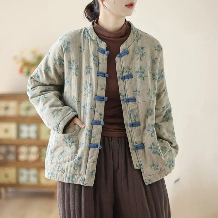 Buddha Stones Women’s Long Sleeve Thermal Cotton Printed Florwer Pattern Jacket With Pockets - SteelBlue