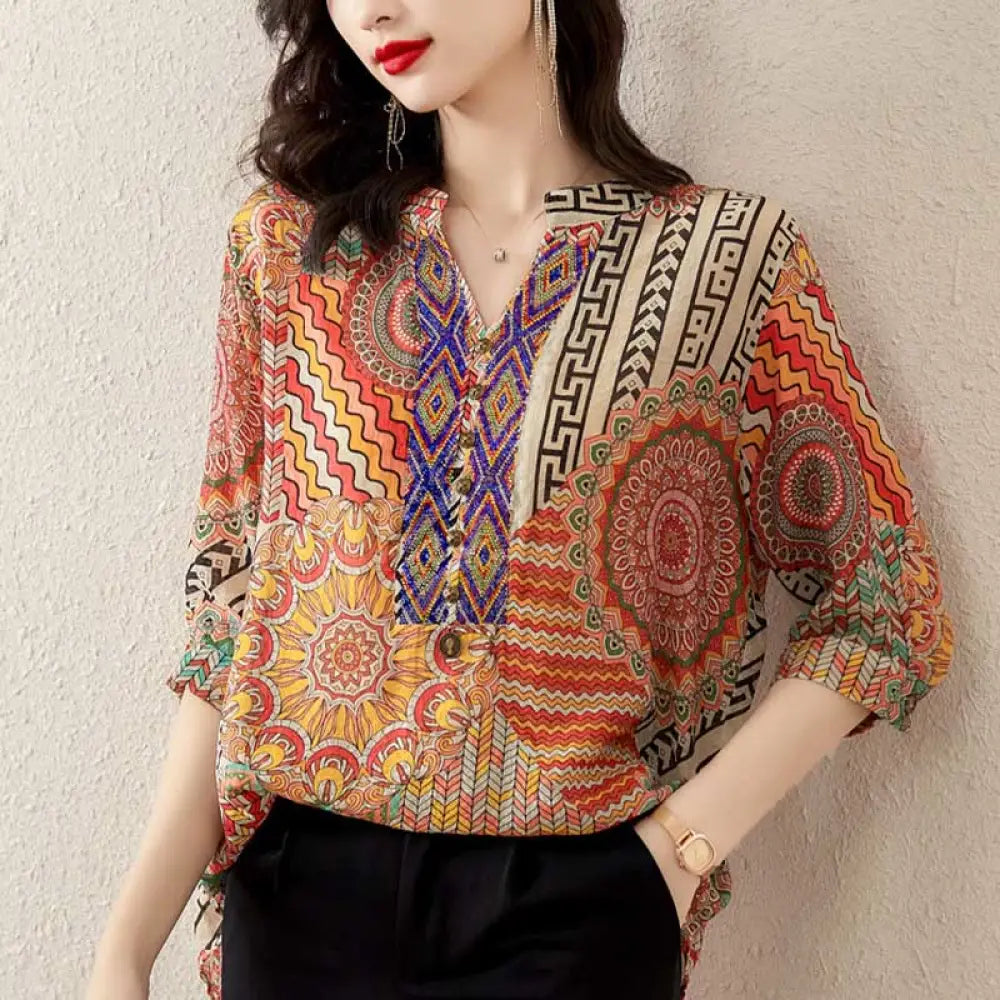 Buddha Stones Women’s Mandala Geometry Half Button Shirt - SandyBrown / US8-10，UK/AU12-14，EU40-42 (L) - Women’s Shirts