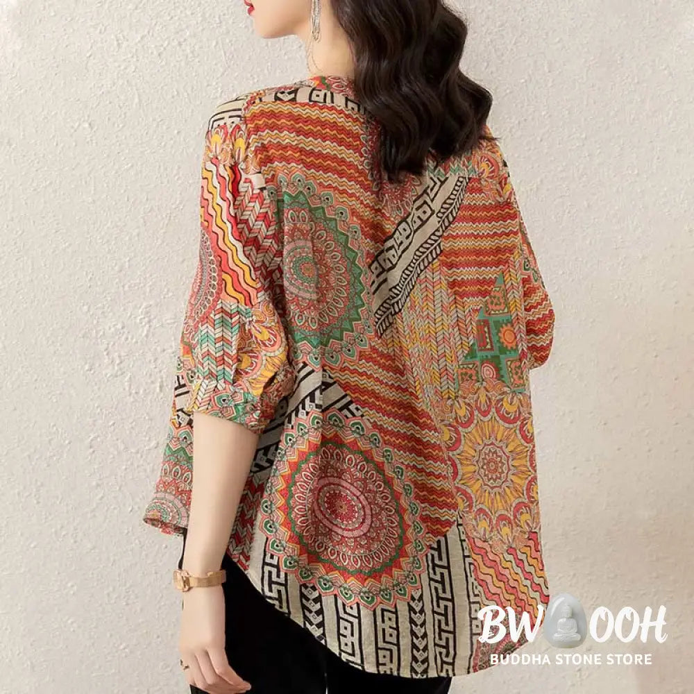 Buddha Stones Women’s Mandala Geometry Half Button Shirt - Women’s Shirts