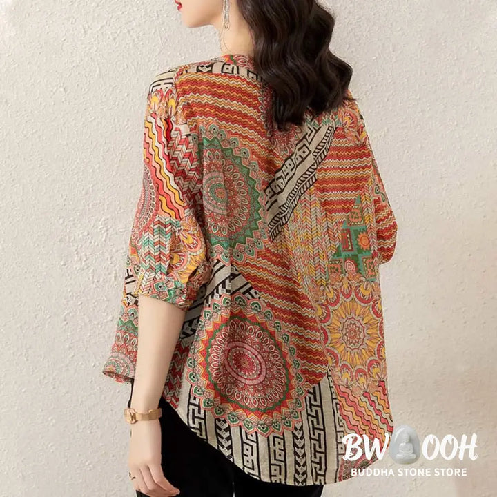 Buddha Stones Women’s Mandala Geometry Half Button Shirt - Women’s Shirts