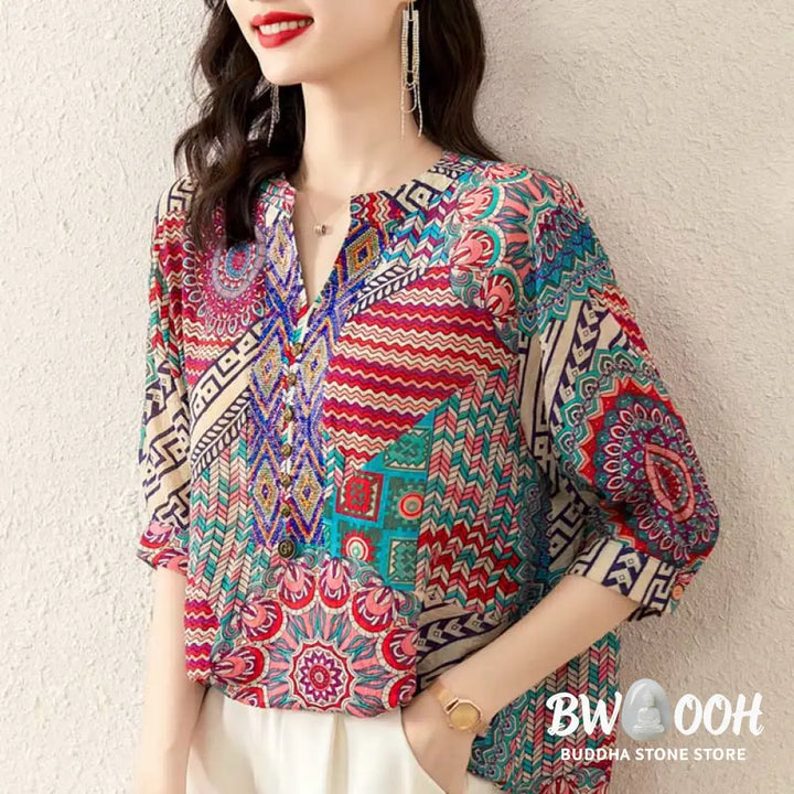 Buddha Stones Women’s Mandala Geometry Half Button Shirt - Women’s Shirts