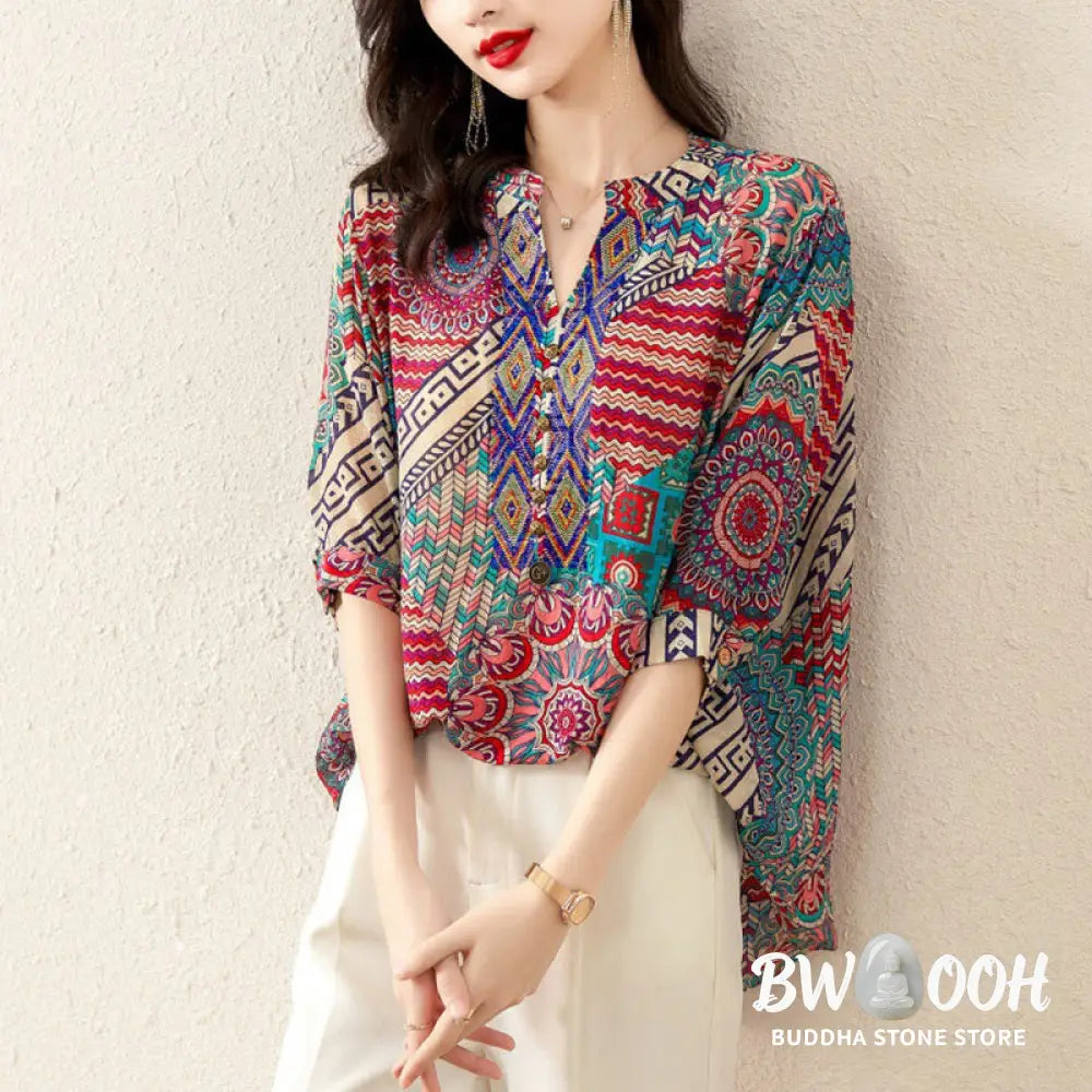 Buddha Stones Women’s Mandala Geometry Half Button Shirt - Women’s Shirts
