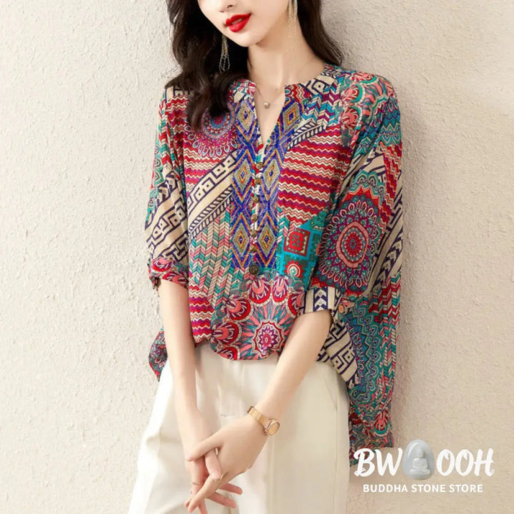 Buddha Stones Women’s Mandala Geometry Half Button Shirt - Women’s Shirts