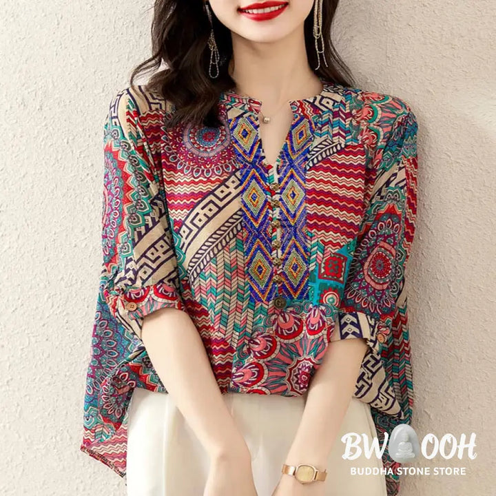 Buddha Stones Women’s Mandala Geometry Half Button Shirt - Women’s Shirts