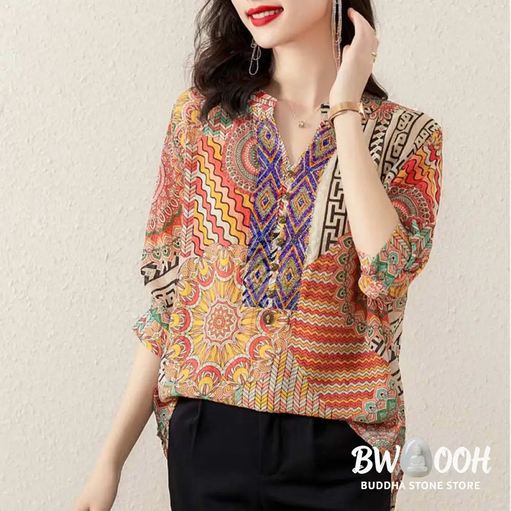 Buddha Stones Women’s Mandala Geometry Half Button Shirt - Women’s Shirts