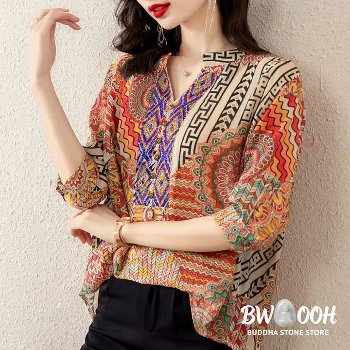Buddha Stones Women’s Mandala Geometry Half Button Shirt - Women’s Shirts
