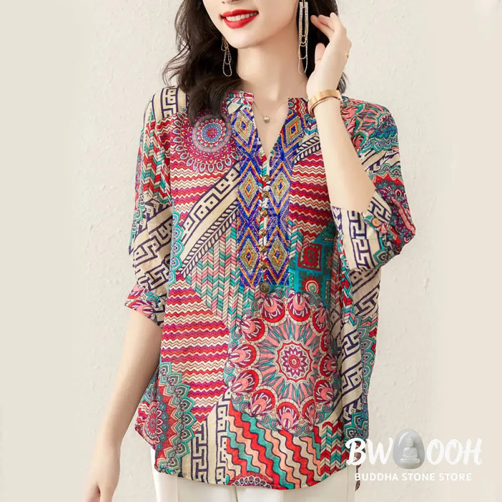 Buddha Stones Women’s Mandala Geometry Half Button Shirt - Women’s Shirts