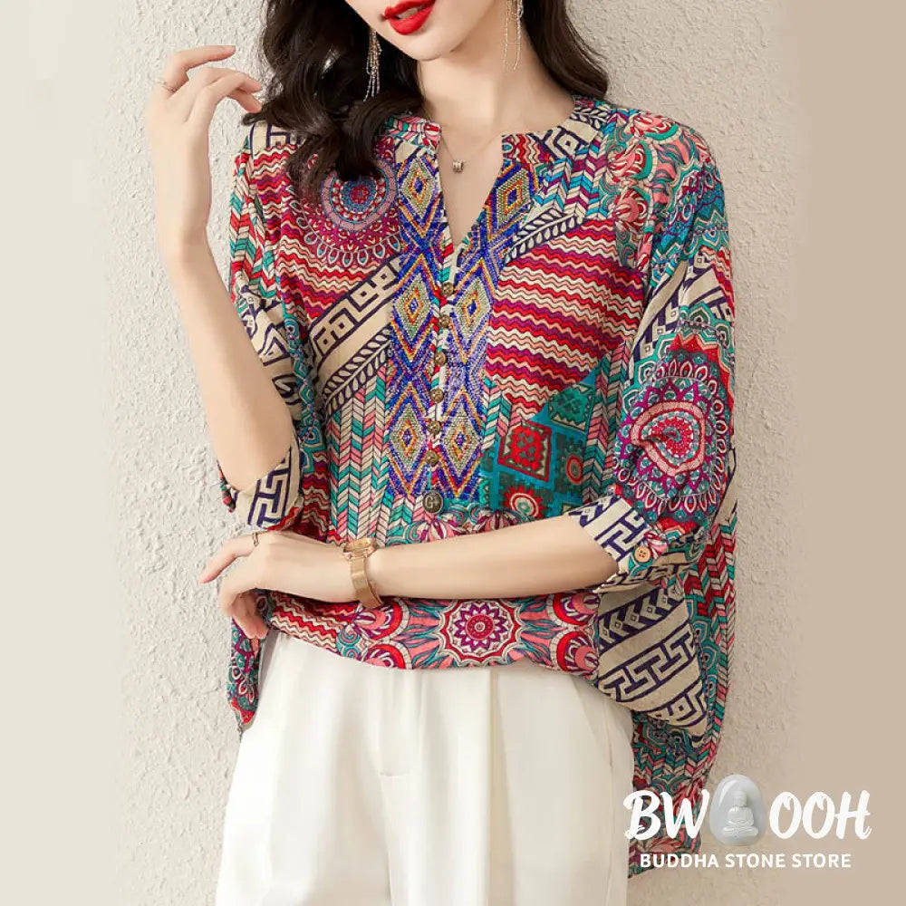 Buddha Stones Women’s Mandala Geometry Half Button Shirt - Women’s Shirts