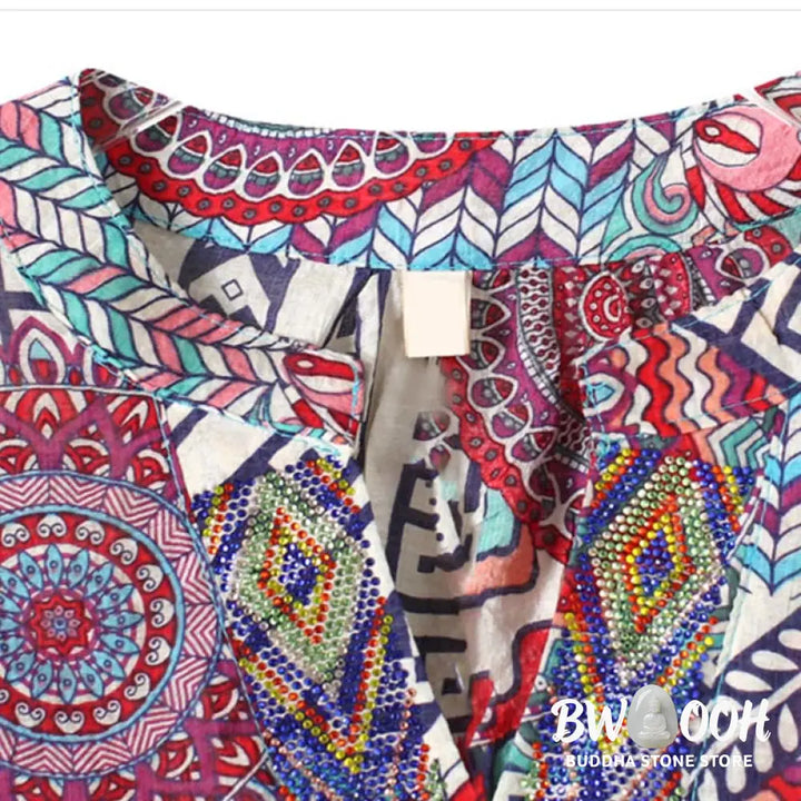 Buddha Stones Women’s Mandala Geometry Half Button Shirt - Women’s Shirts