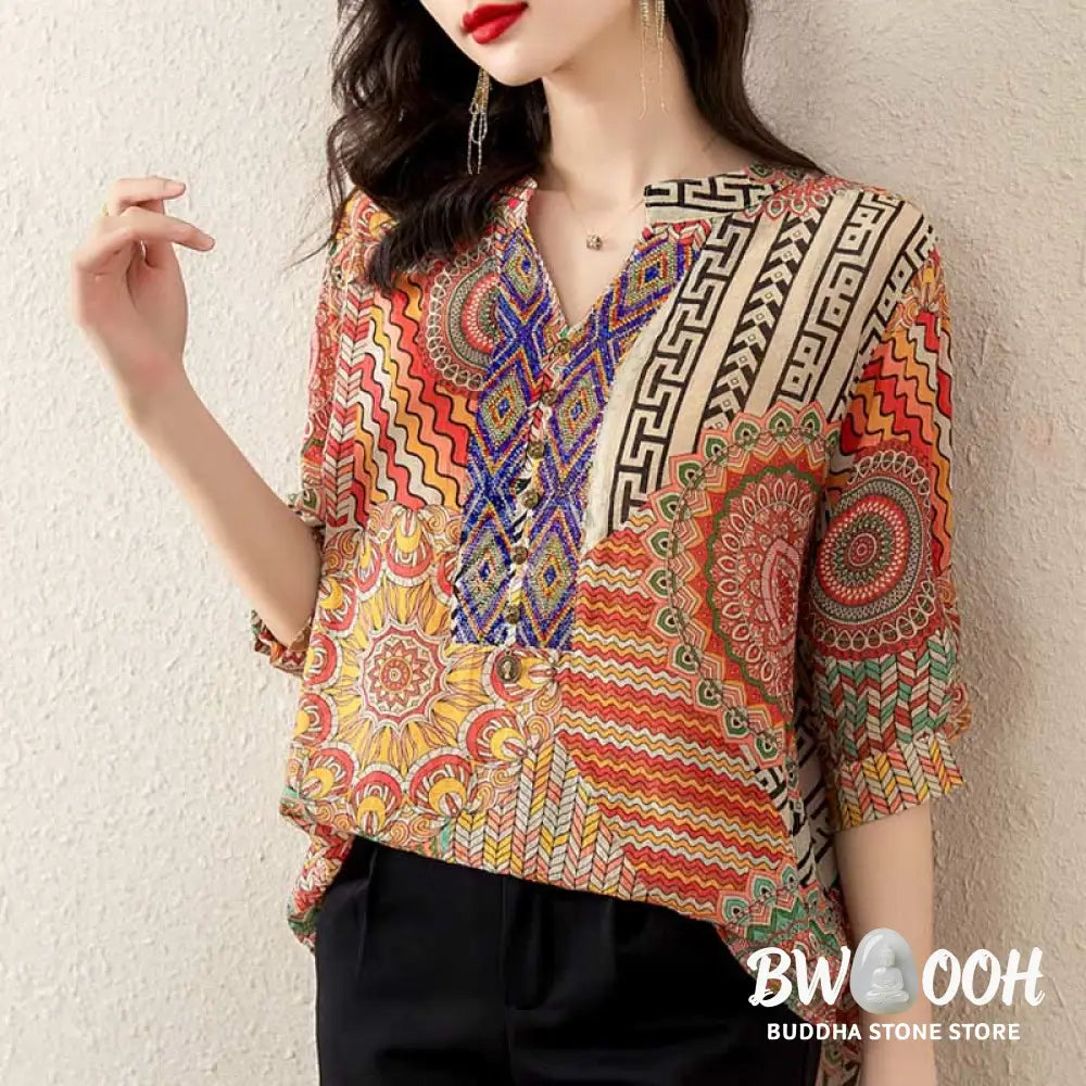 Buddha Stones Women’s Mandala Geometry Half Button Shirt - Women’s Shirts