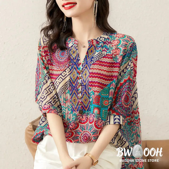 Buddha Stones Women’s Mandala Geometry Half Button Shirt - Women’s Shirts