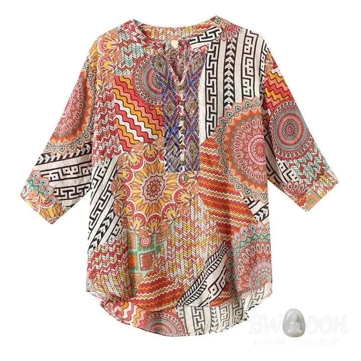 Buddha Stones Women’s Mandala Geometry Half Button Shirt - Women’s Shirts