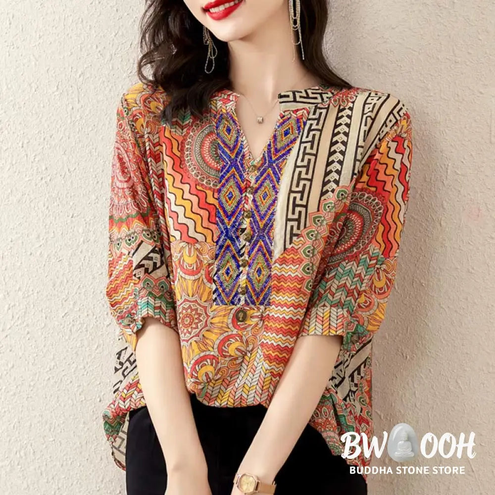 Buddha Stones Women’s Mandala Geometry Half Button Shirt - Women’s Shirts