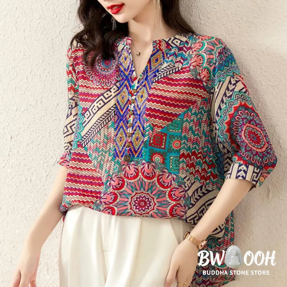 Buddha Stones Women’s Mandala Geometry Half Button Shirt - Women’s Shirts