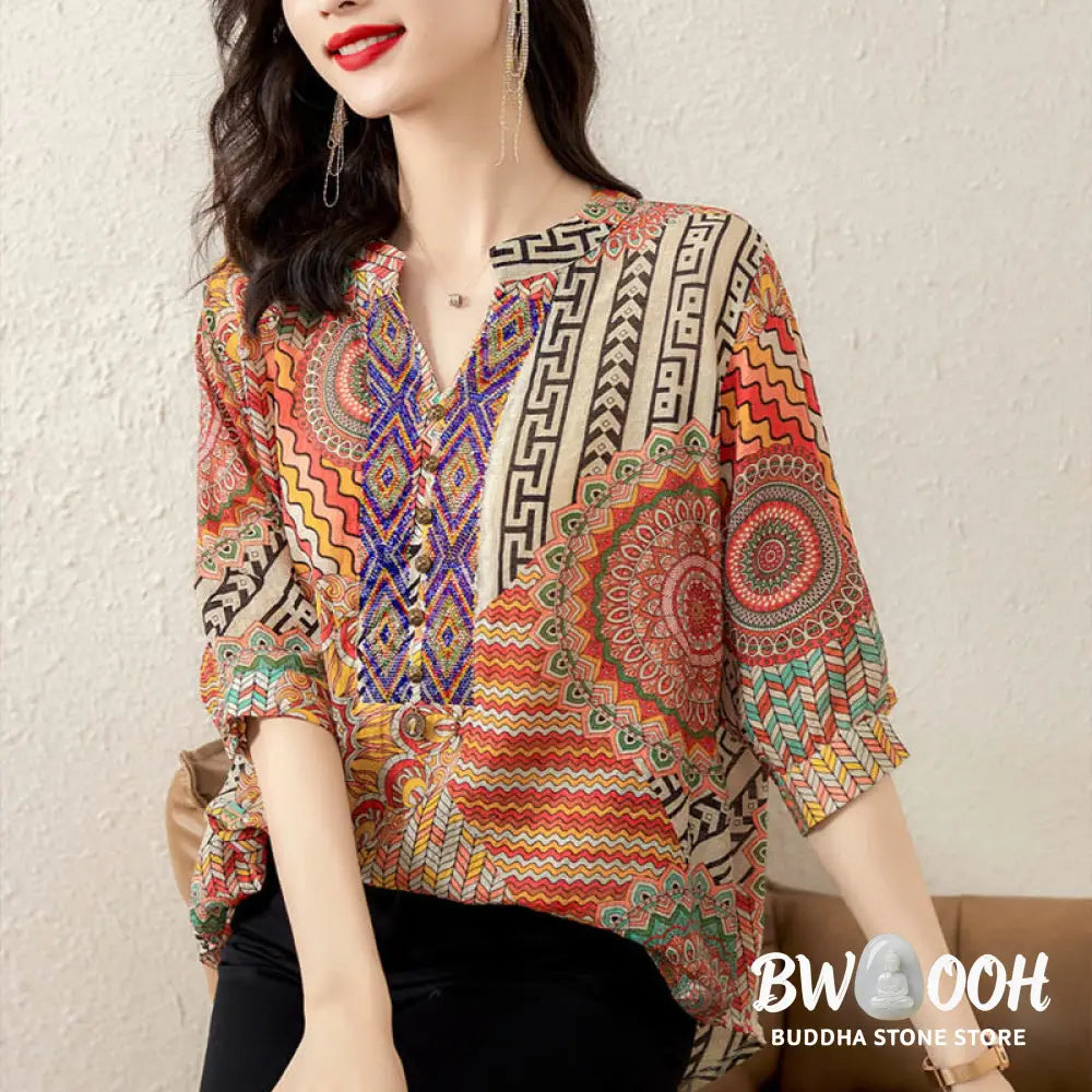 Buddha Stones Women’s Mandala Geometry Half Button Shirt - Women’s Shirts