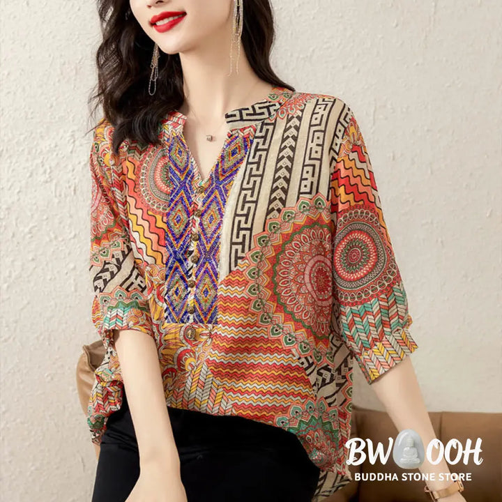 Buddha Stones Women’s Mandala Geometry Half Button Shirt - Women’s Shirts