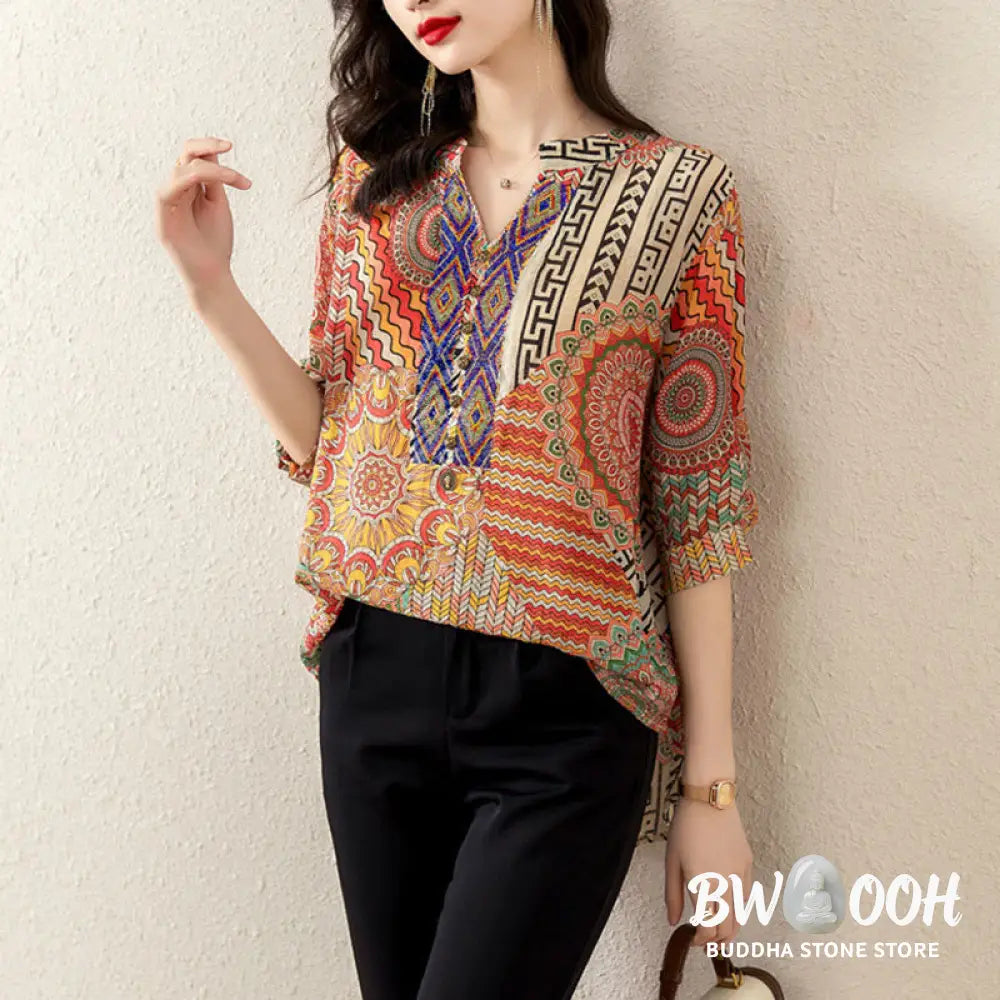 Buddha Stones Women’s Mandala Geometry Half Button Shirt - Women’s Shirts
