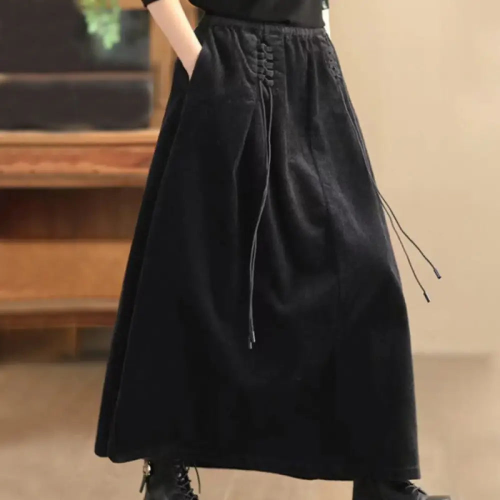 Buddha Stones Women’s Plain Corduroy 7-8 Length Skirt With Pockets - Black / US4，UK/AU8，EU36 (M) - Skirt