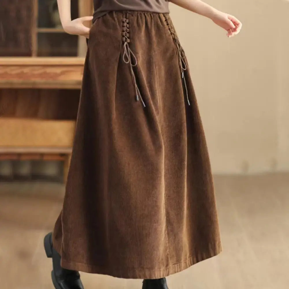 Buddha Stones Women’s Plain Corduroy 7-8 Length Skirt With Pockets - SaddleBrown / US4，UK/AU8，EU36 (M) - Skirt